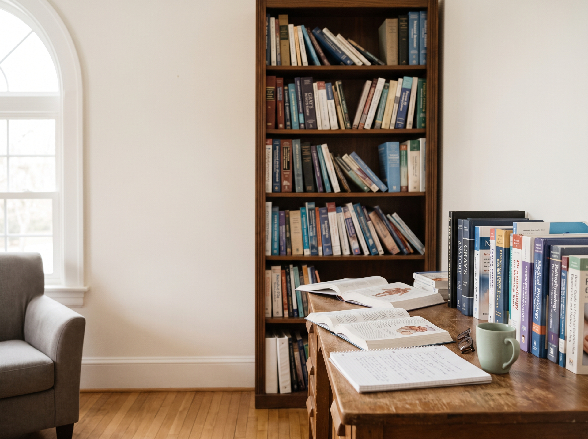 Tall wooden bookshelf filled with nursing and medical textbooks next to an arched window and a wooden desk