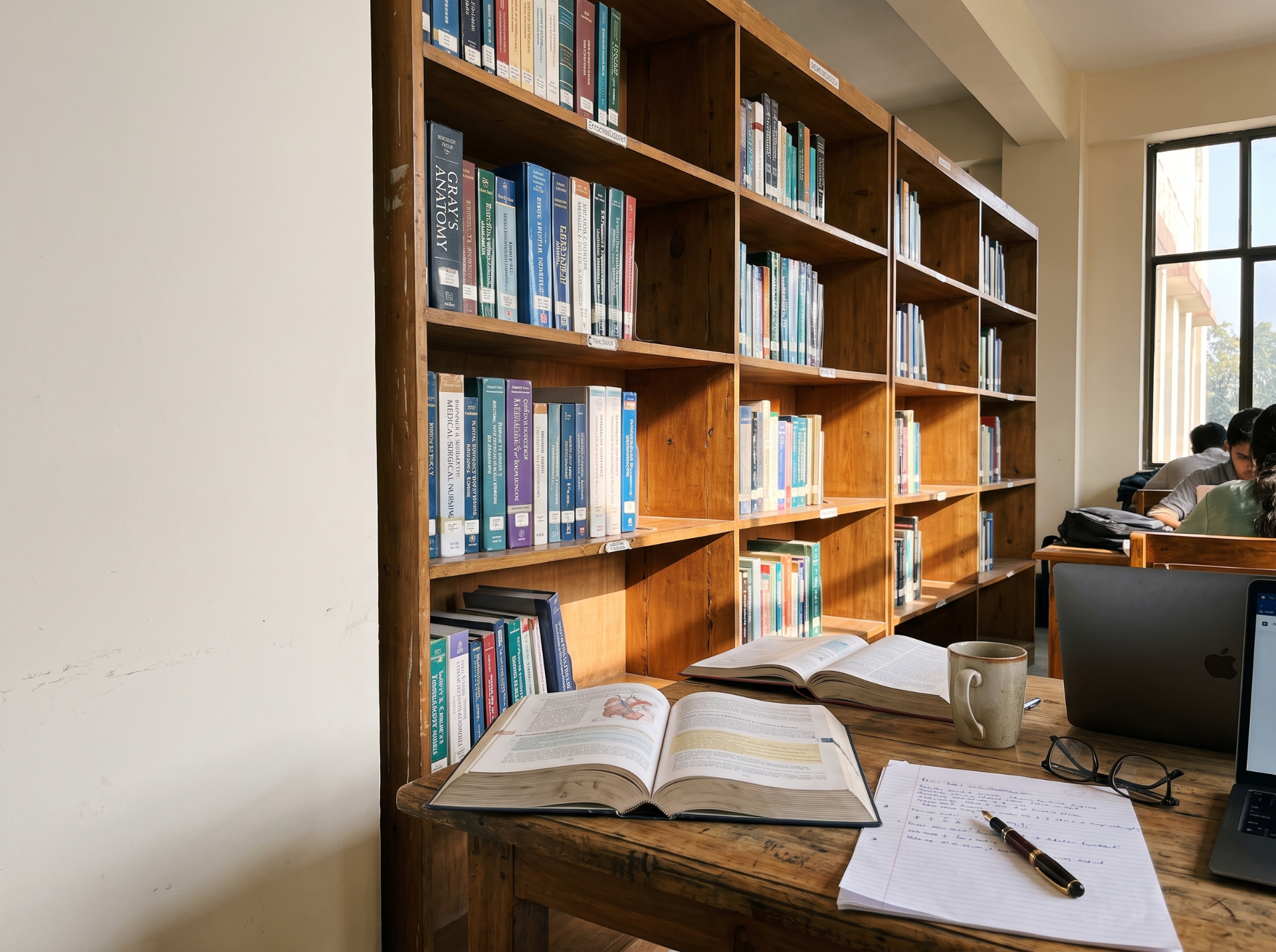 A wooden study desk with open medical books, handwritten notes, and a coffee mug in front of a bookshelf of medical textbooks